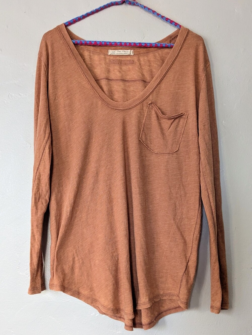 We The Free Free People V-Neck Long Sleeve Pocket Tee Brown Rust Extra Small